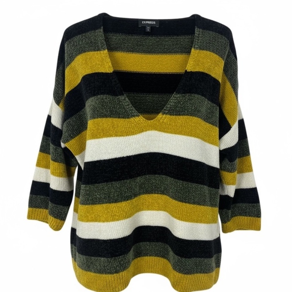 Express Chenille Sweater Multicolor ‎ Striped V Neck Women Size L Pullover